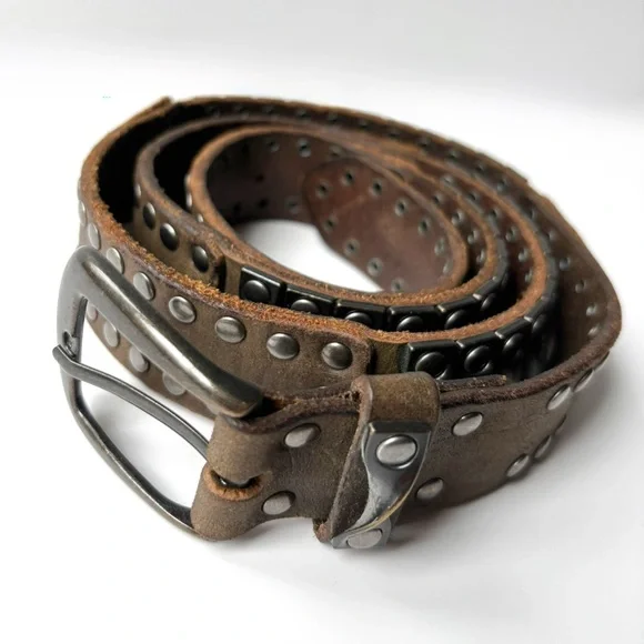 Vintage Brown Leather Heavy Metal Hardware Studded Grunge Biker Streetwear Belt - Picture 2 of 13